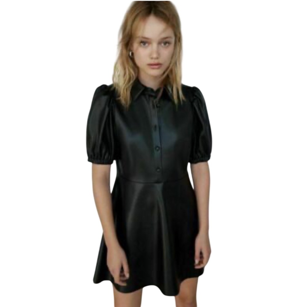 Zara Black Faux Leather Puff Sleeve Mini Dress 4387/224 Womens Small NWT
